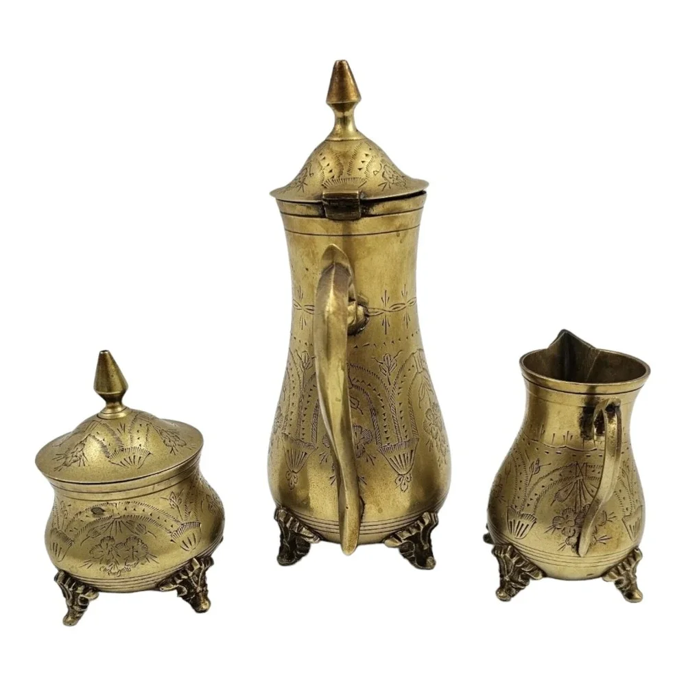Vintage Tea Pot Set w/ Creamer Sugar Bowl Etched EPNS Gold Tone Glam Victorian